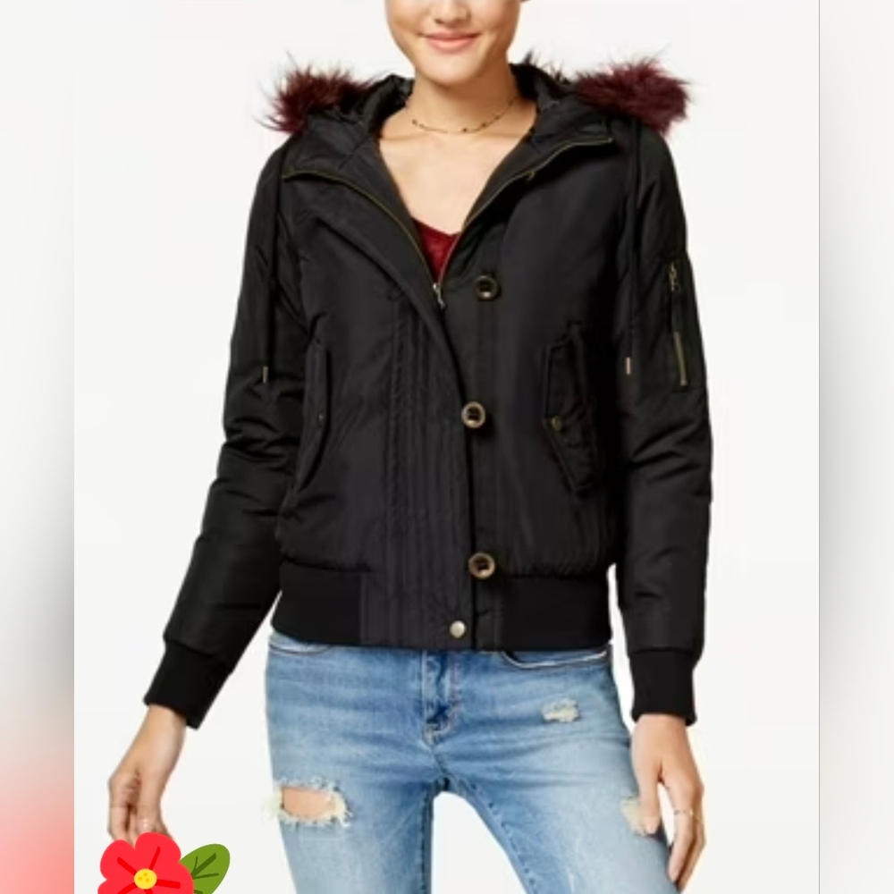 American Rag Black Bomber Jacket with Burgundy Faux Fur